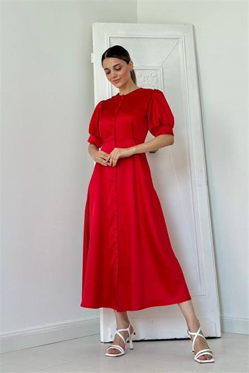 Wholesale Red Button-Up Satin Dress