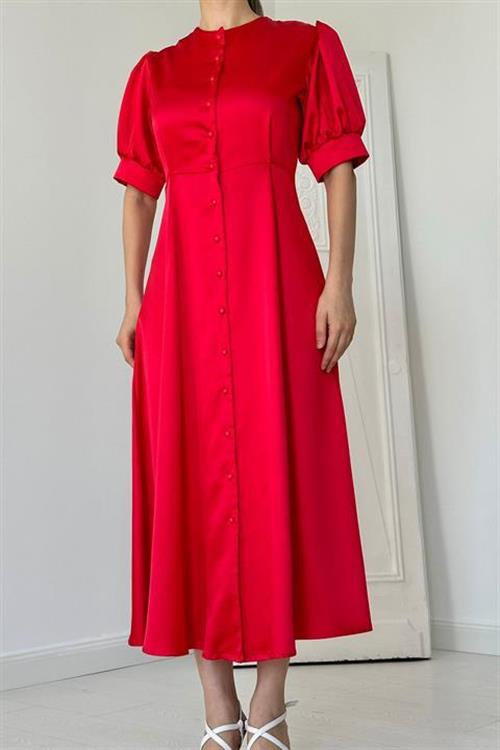 Wholesale Red Button-Up Satin Dress