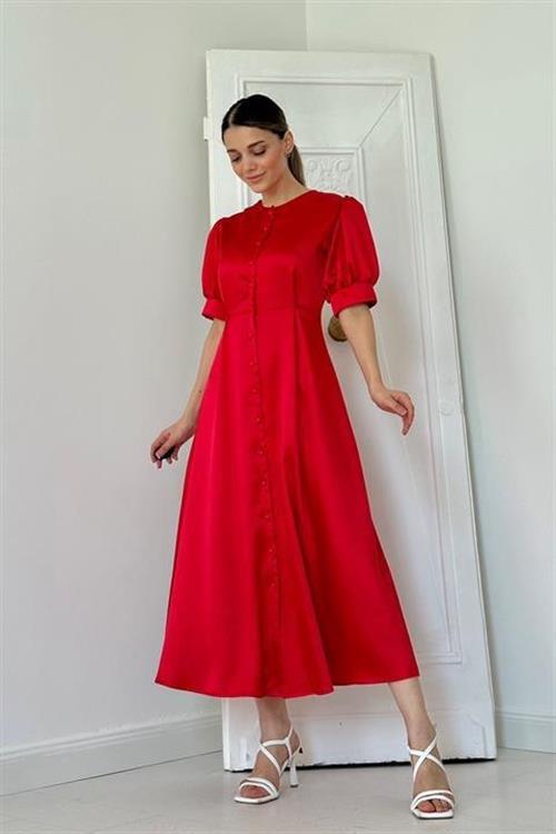 Wholesale Red Button-Up Satin Dress