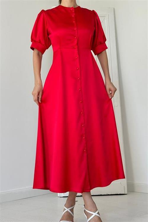Wholesale Red Button-Up Satin Dress