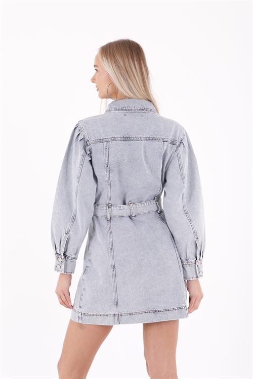 Düğmeli Balon Kol Kot Elbise 3005-08-(S-XL-6)