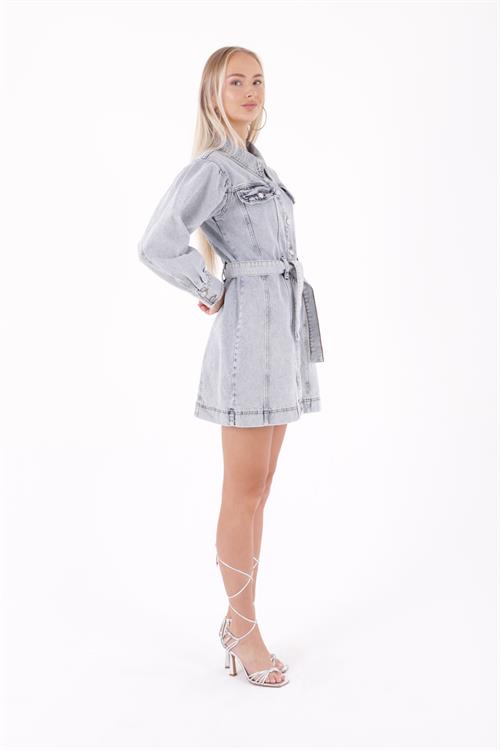 Düğmeli Balon Kol Kot Elbise 3005-08-(S-XL-6)