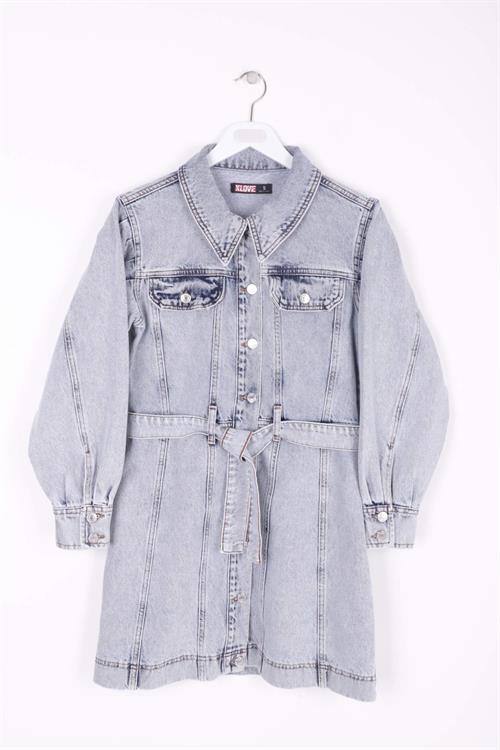 Düğmeli Balon Kol Kot Elbise 3005-08-(S-XL-6)