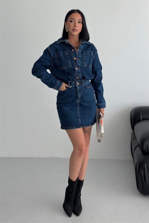 Düğmeli Mini Kot Elbise 3027-01-(S-L-3)