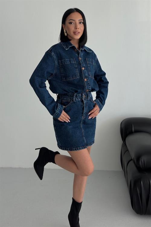 Düğmeli Mini Kot Elbise 3027-01-(S-L-3)