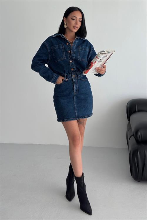 Düğmeli Mini Kot Elbise 3027-01-(S-L-3)