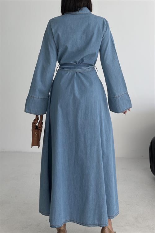 Düğmeli Uzun Boy Kot Elbise 3047-26-(S-XL)