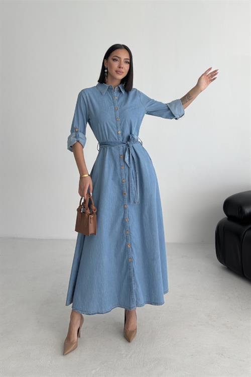 Düğmeli Uzun Boy Kot Elbise 3047-26-(S-XL)
