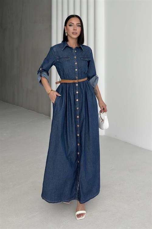Düğmeli Uzun Kot Elbise 3041-26-(S-XL)