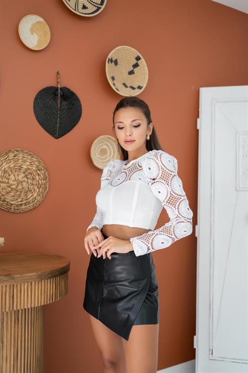 Wholesale Lace Shoulder Blouse with Shirring Detail - Ecru