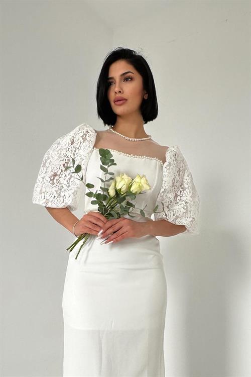 Toptan Ekru İncili Tül Detay Elbise