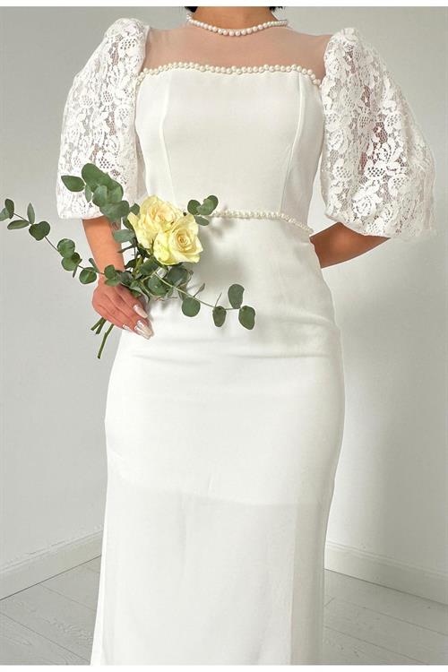 Toptan Ekru İncili Tül Detay Elbise