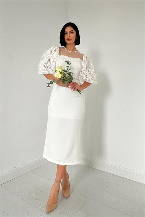 Toptan Ekru İncili Tül Detay Elbise