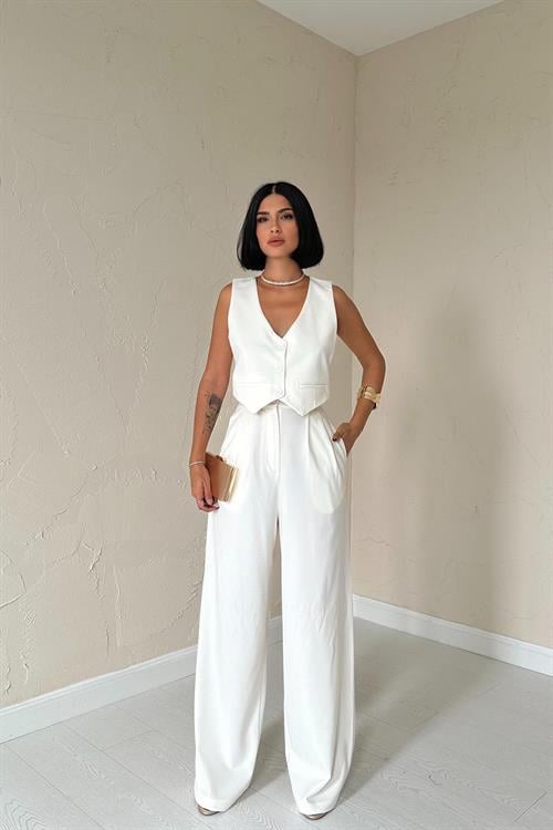 Wholesale Ecru Classic Blazer, Vest, and Pants Suit