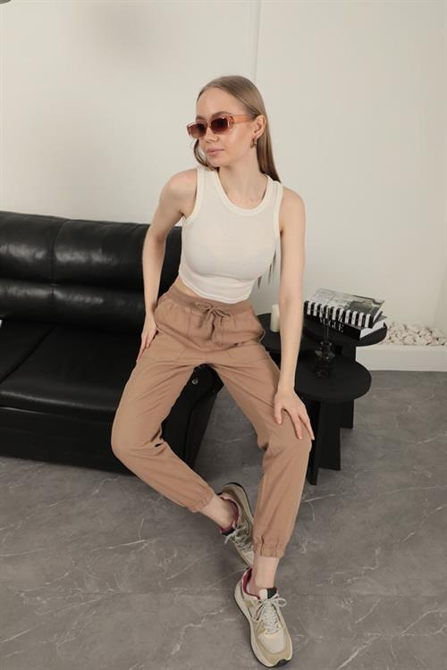 Elastik Paça Kadın Pantolon-Kamel