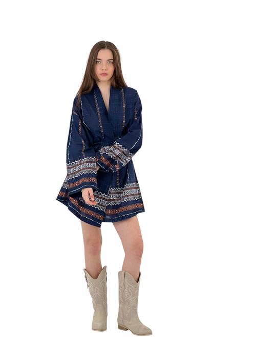 Ethnic Patterned Khaki Kimono