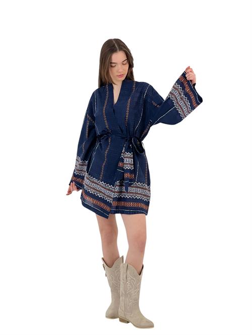 Ethnic Patterned Khaki Kimono