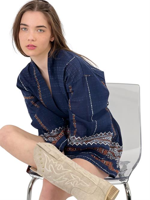 Ethnic Patterned Khaki Kimono