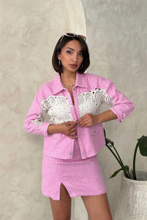 F 1758 Dantel Detatlı Kot Ceket - Pembe