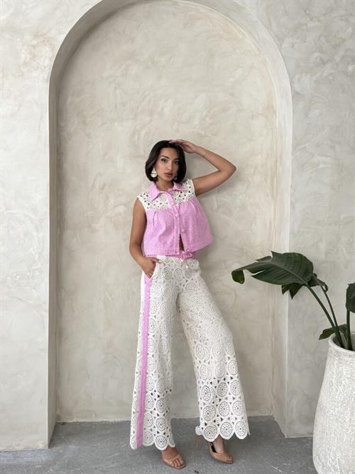 Denim Detailed Lace Trousers - Pink