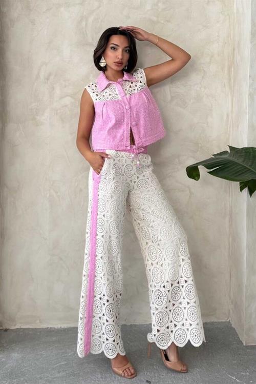 Denim Detailed Lace Trousers - Pink