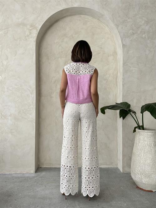 Denim Detailed Lace Trousers - Pink