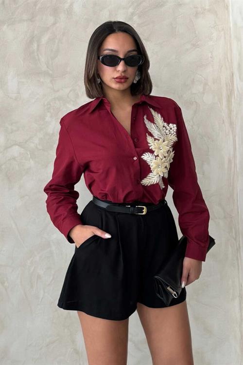 F 1925 SHIRT WITH FLOWER DETAILED - CLARET RED