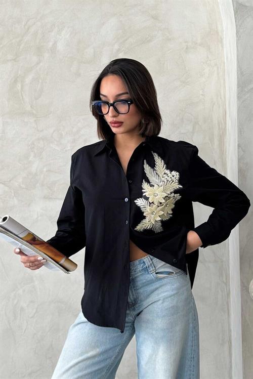 F 1925 FLOWER DETAILED SHIRT - BLACK