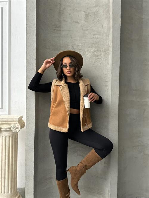 F Suet Wholesale Vest with Fur Collar - Tan