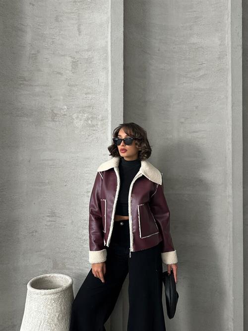 Fermerli Wholesale Leather Coat - Burgundy Cream