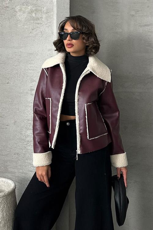 Fermerli Wholesale Leather Coat - Burgundy Cream