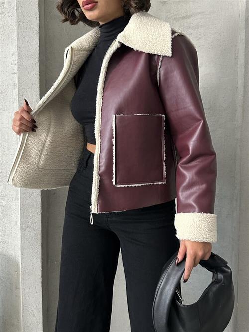 Fermerli Wholesale Leather Coat - Burgundy Cream