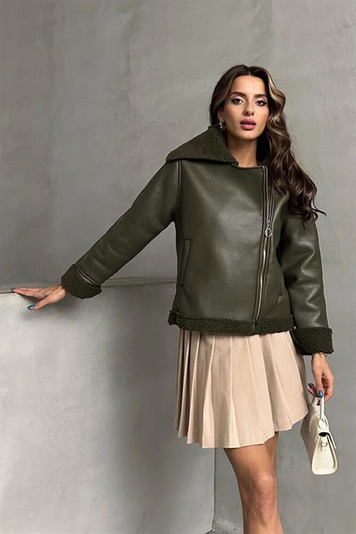 Zippered Leather Wholesale Coat - Khaki