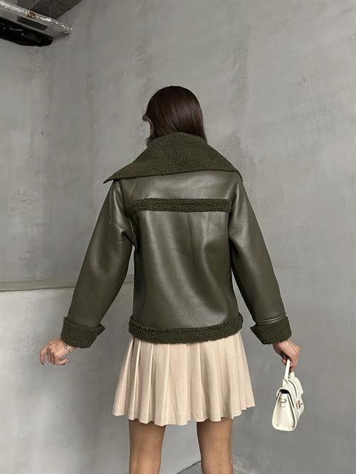 Zippered Leather Wholesale Coat - Khaki