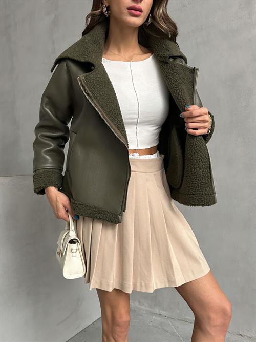 Zippered Leather Wholesale Coat - Khaki
