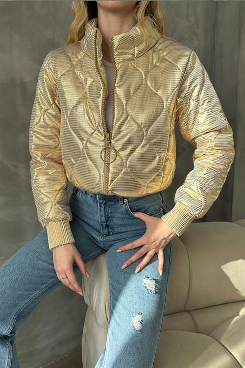 Shiny Wholesale Coat with Zipper - Gold