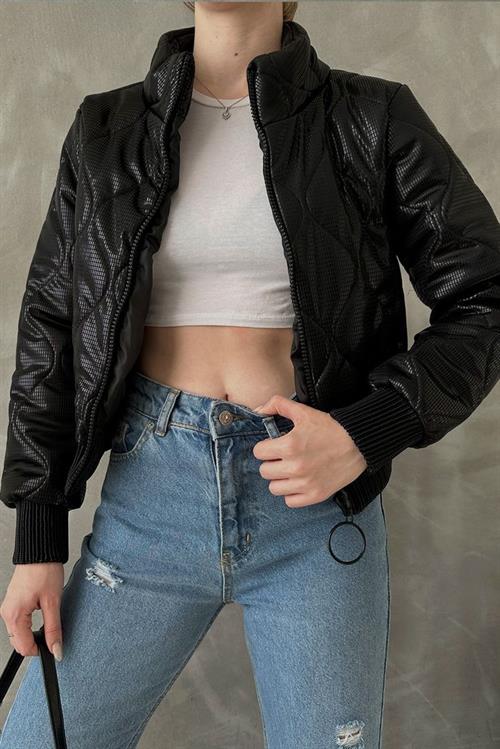 Shiny Wholesale Coat with Zipper - Black