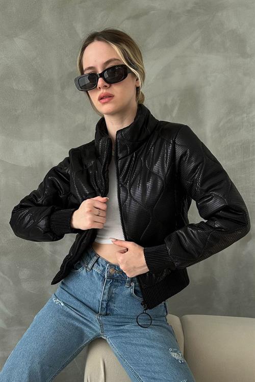 Shiny Wholesale Coat with Zipper - Black