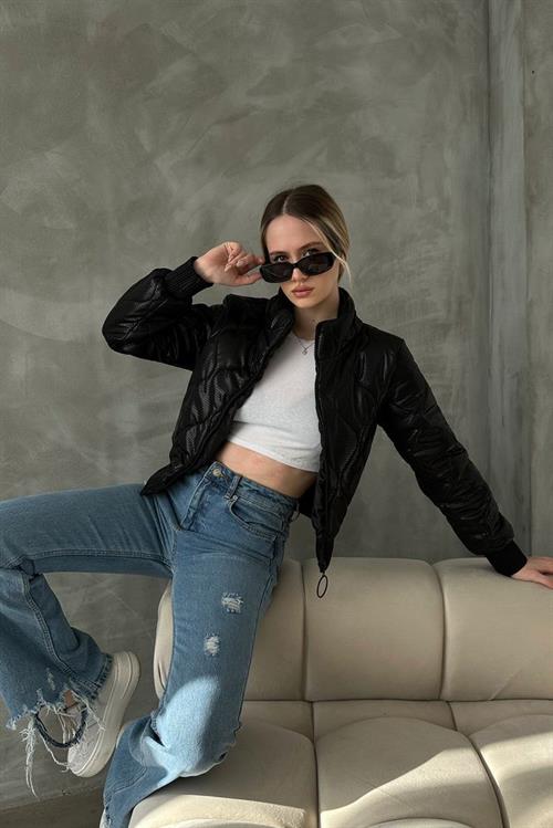 Shiny Wholesale Coat with Zipper - Black