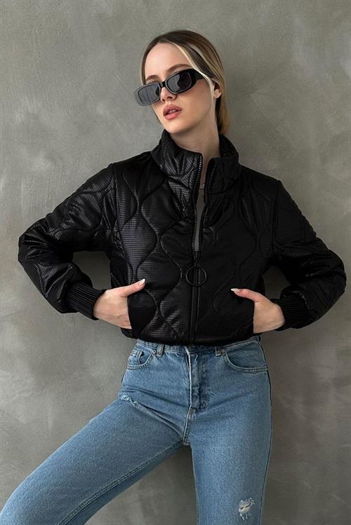 Shiny Wholesale Coat with Zipper - Black