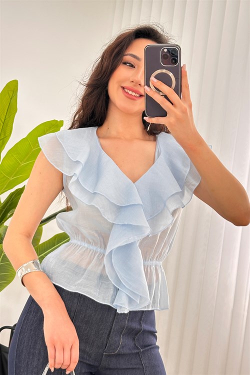 Fırfırlı Beli Lastikli Toptan Bebe Mavisi Bluz