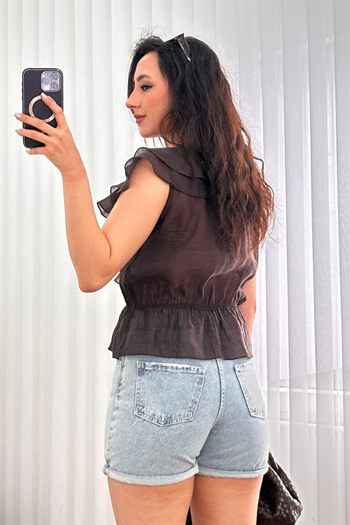 Fırfırlı Beli Lastikli Toptan Kahve Bluz