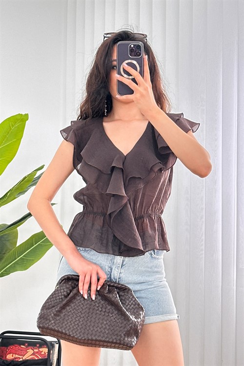 Fırfırlı Beli Lastikli Toptan Kahve Bluz