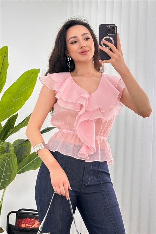 Fırfırlı Beli Lastikli Toptan Pembe Bluz