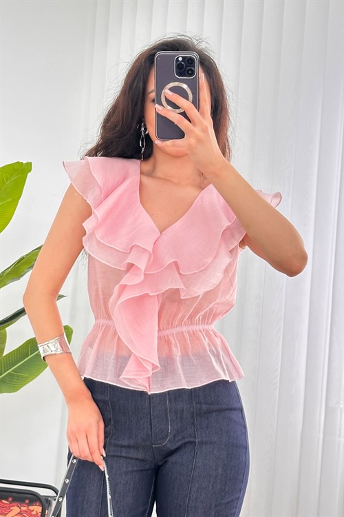 Fırfırlı Beli Lastikli Toptan Pembe Bluz