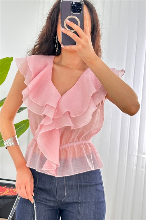 Fırfırlı Beli Lastikli Toptan Pembe Bluz