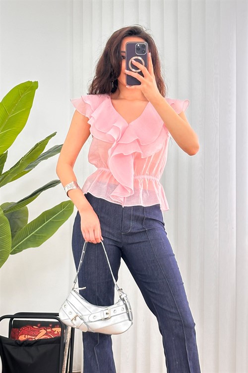 Fırfırlı Beli Lastikli Toptan Pembe Bluz