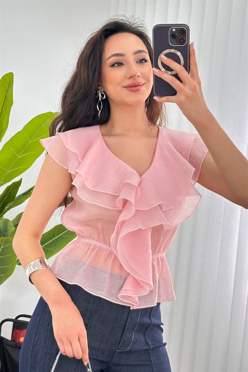 Fırfırlı Beli Lastikli Toptan Pembe Bluz