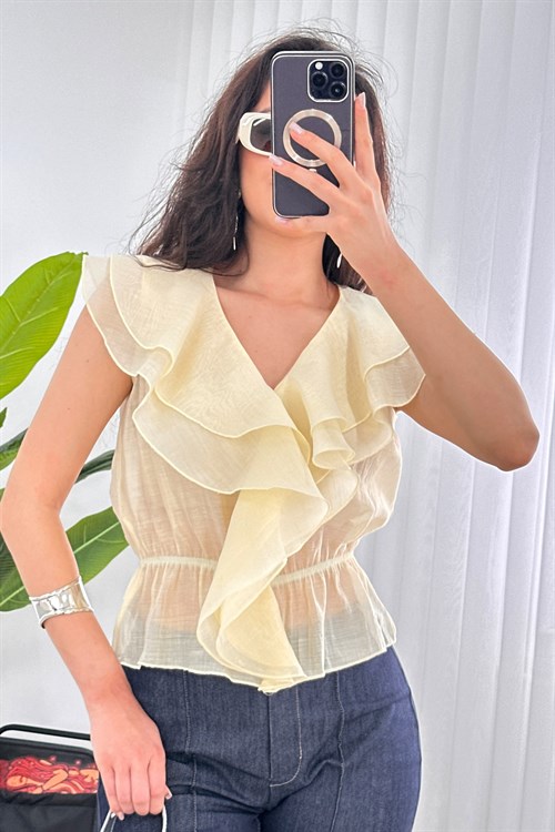 Fırfırlı Beli Lastikli Toptan Sarı Bluz