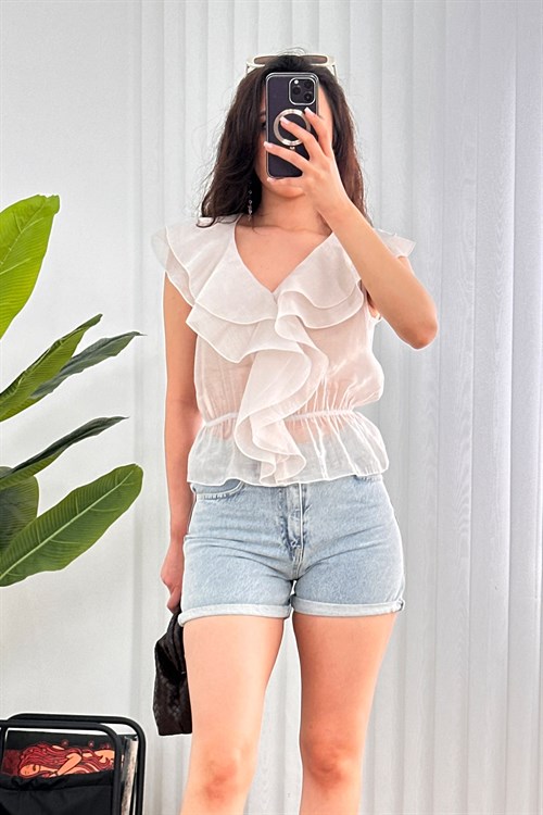 Fırfırlı Beli Lastikli Toptan Taş Bluz